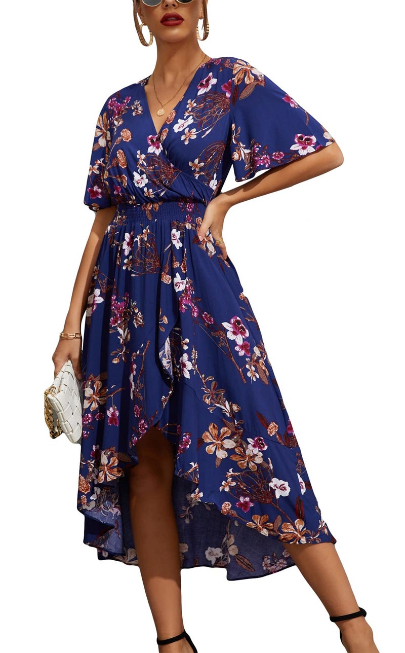 Kormei Womens Short Sleeve Floral Maxi Dress High Low V-Neck Flowy Party Long Dresses S Blue&Purple - Image 1